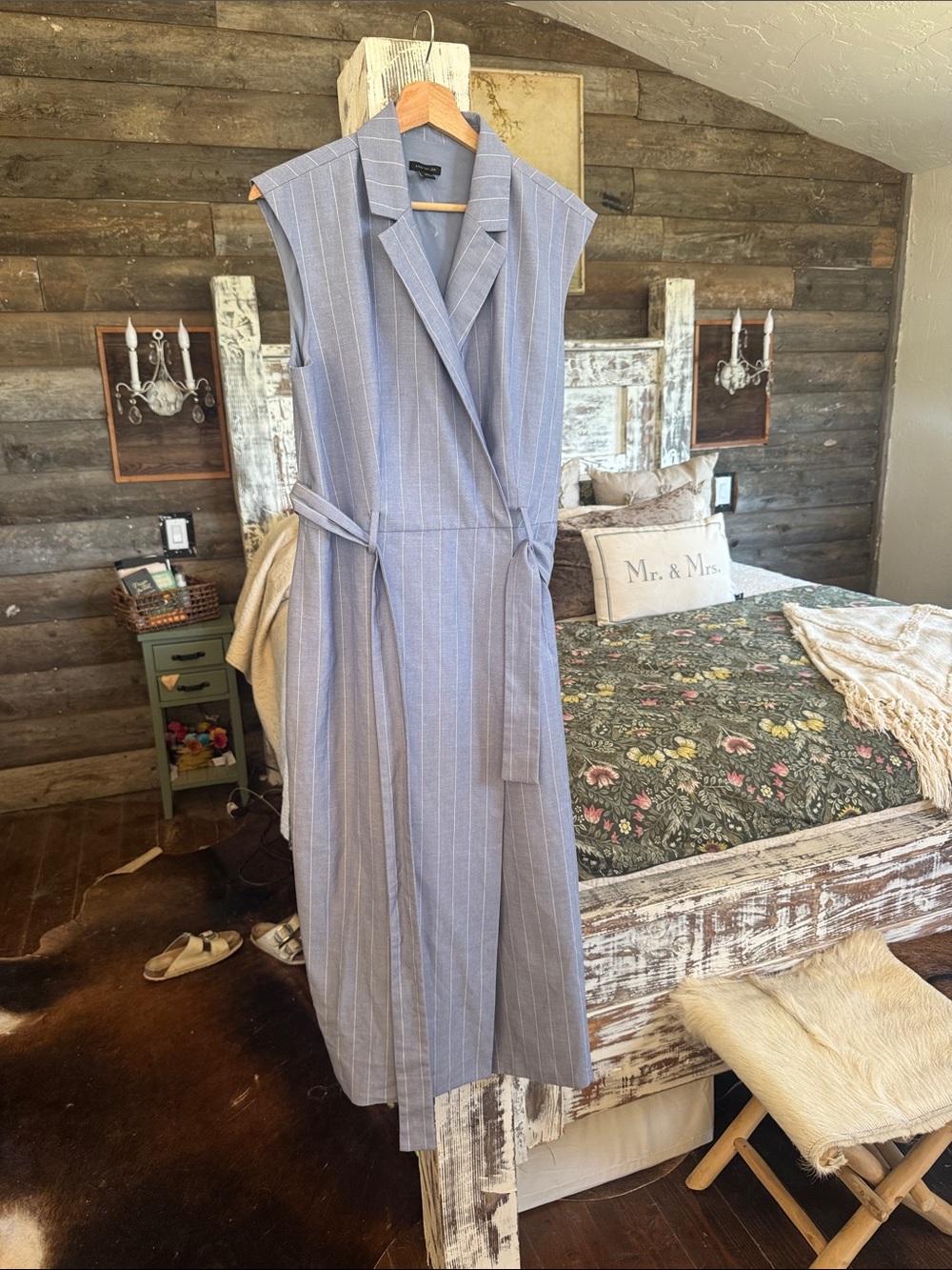 Sleeveless Blue Pinstripe Wrap Dress